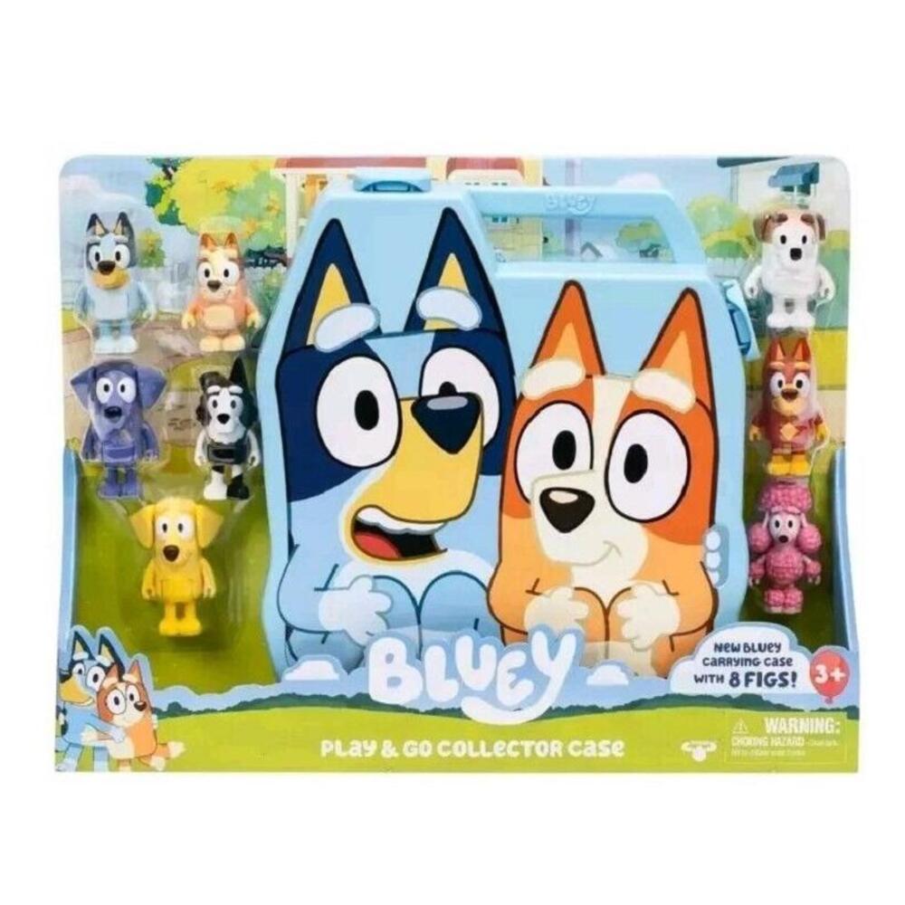 New Bluey Play & Go Collector Case Lucky, Rusty, Jack, Coco 8 Figures Set Travel